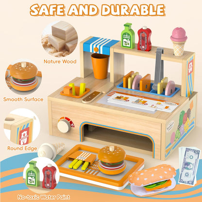 Foldable Wooden Play Food Sets Sandwich Counter with Storage, 56 Pcs Pretend Play Kitchen Food Toy