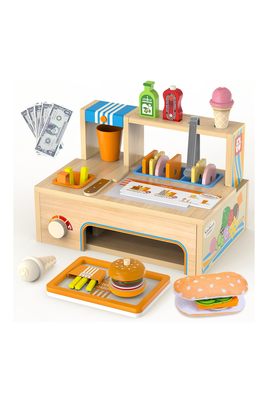 Foldable Wooden Play Food Sets Sandwich Counter with Storage, 56 Pcs Pretend Play Kitchen Food Toy