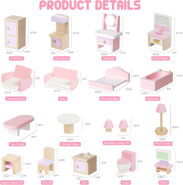 Wooden Dollhouse Furniture Set, 22 PCS Doll House Accessories