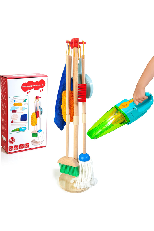 Kids Cleaning Set with Electric Vacuum Cleaners, Wooden Pretend Play Housekeeping Set