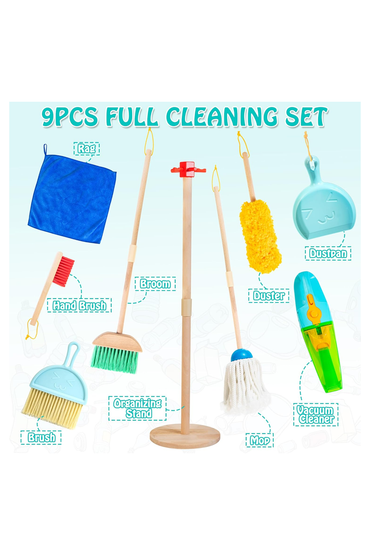 Kids Cleaning Set with Electric Vacuum Cleaners, Wooden Pretend Play Housekeeping Set