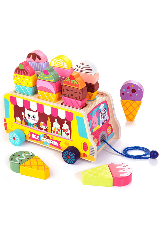 Wooden Ice Cream Truck, 28 pcs Magnetic Ice Cream Sweet Treats Pretend Play Food & Accessories