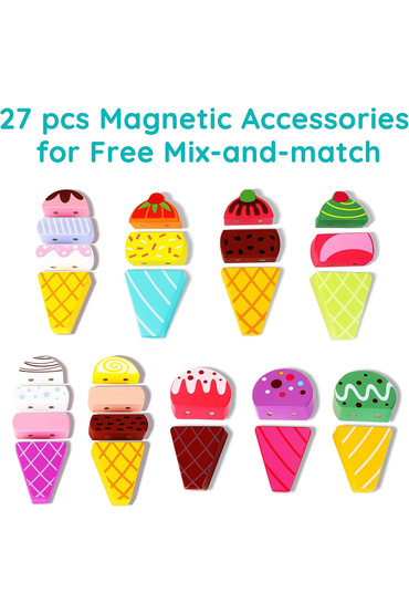 Wooden Ice Cream Truck, 28 pcs Magnetic Ice Cream Sweet Treats Pretend Play Food & Accessories