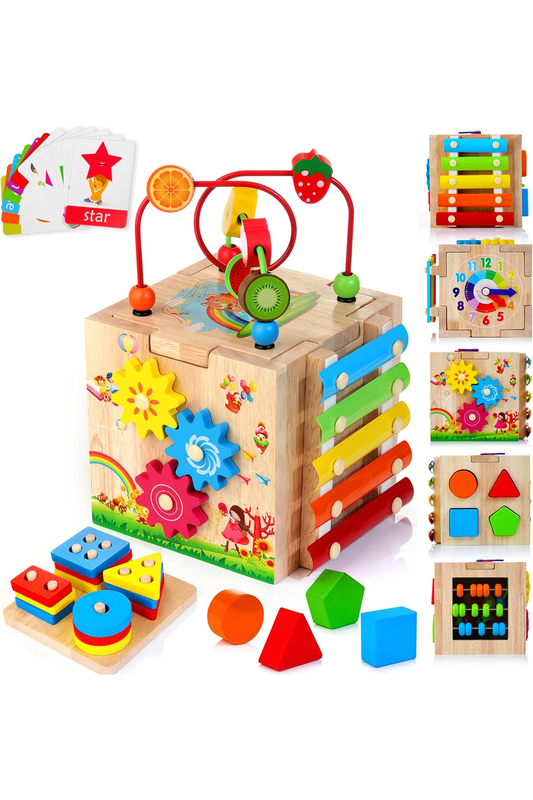 Wooden Activity Cube, 8-in-1 Montessori Baby Toys for 1+ Year Old Boys & Girls