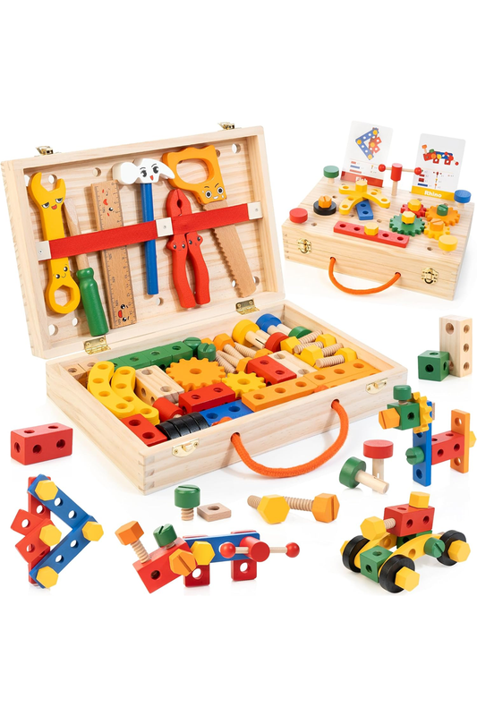 WOOOMAM 90 PCS Kids Tool Set, Wooden Toddler Tool Kit for Kids Age 3-5 Years
