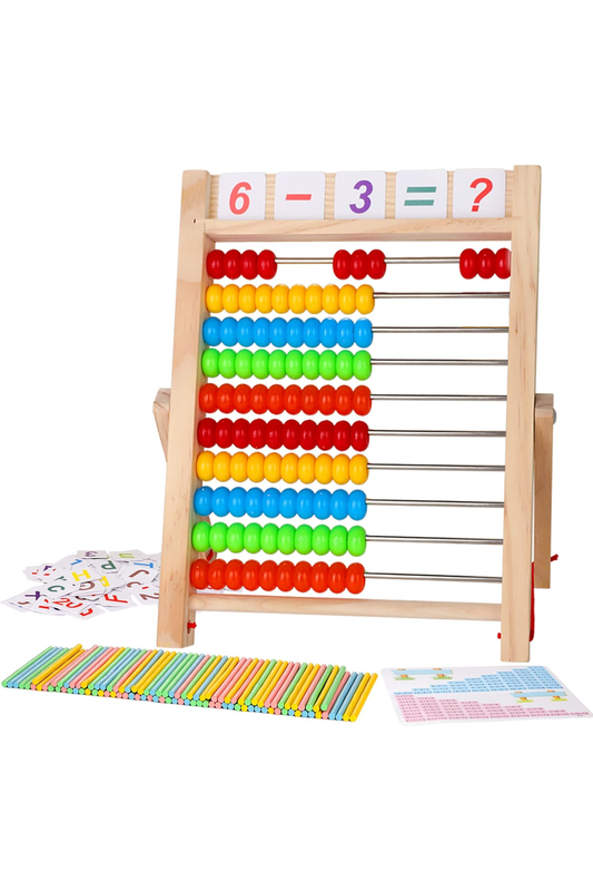 Wooden Abacus for Kids Math, Educational Counting Toy with Counting Sticks and Number Alphabet Cards
