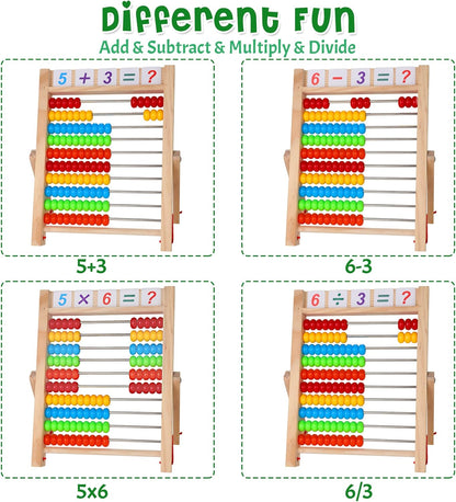Wooden Abacus for Kids Math, Educational Counting Toy with Counting Sticks and Number Alphabet Cards