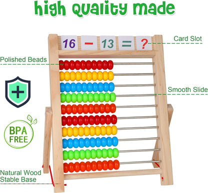 Wooden Abacus for Kids Math, Educational Counting Toy with Counting Sticks and Number Alphabet Cards