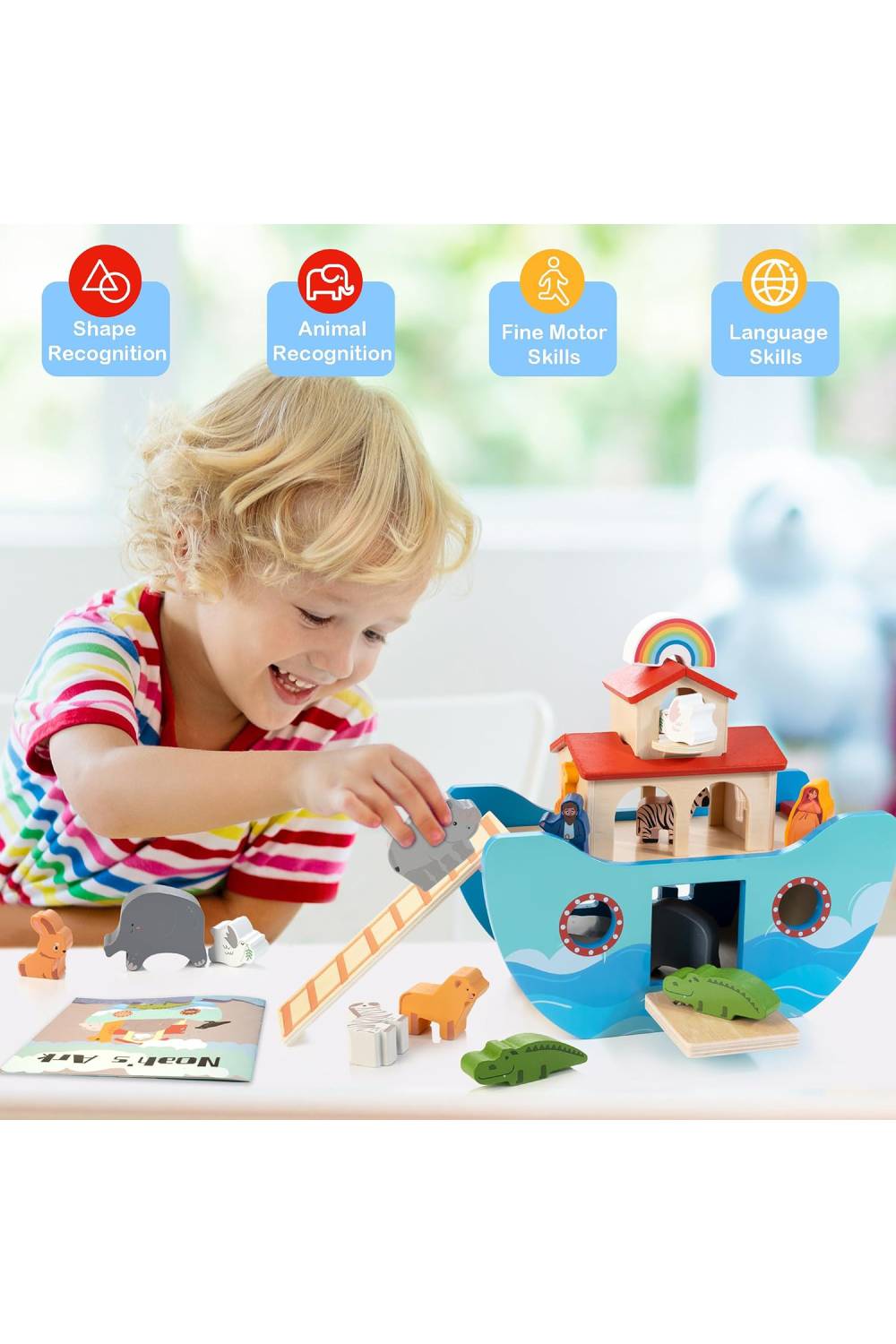 Wooden Noah's Ark Toy Baptism Gift for 1 Year Old Baby Boys and Girls