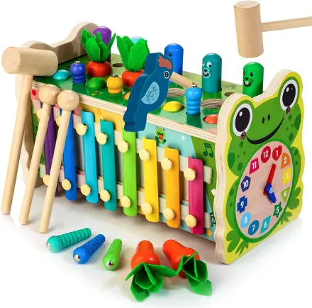 Woodmam 6 in 1 Wooden Montessori Toys for 1 Year Old Whack a Mole Game Hammering Pounding Toy with Xylophone Carrot Harvest Game Learning Developmental Toys