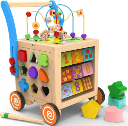Picture of 9-in-1 Wooden Activity Cube | Wooden Baby Walker, Sit-to-Stand Learning Walker Activity Center, Early Educational Push & Pull Toys for Baby Toddler Boys Girls, Height & Brake Adjustable
