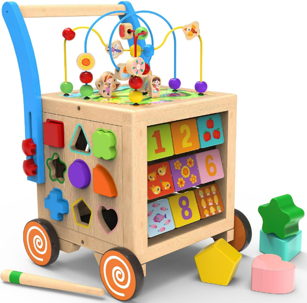 Picture of 9-in-1 Wooden Activity Cube | Wooden Baby Walker, Sit-to-Stand Learning Walker Activity Center, Early Educational Push & Pull Toys for Baby Toddler Boys Girls, Height & Brake Adjustable